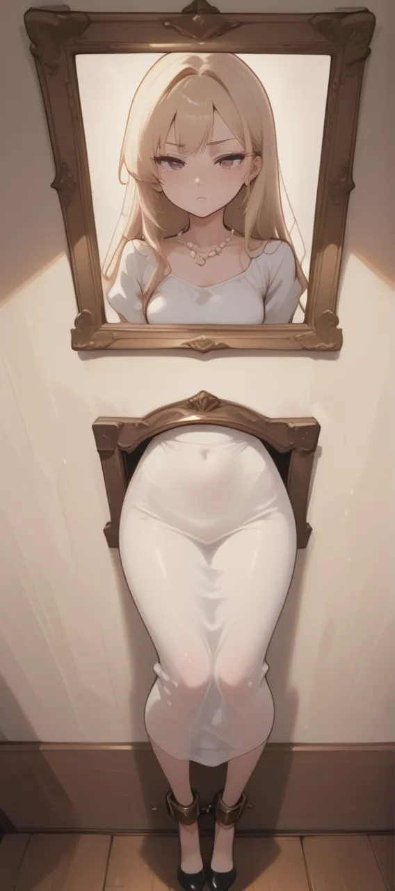 masterpiece, best quality, 1girl, very curly hair, blonde hair, shiny hair, tiara, diadem, medium breasts, narrow waist, looking at viewer, glossy lips, good lighting, latifa fleuranza, blush, light smile, from behind, picture in a frame, (glory wall pose:1.3), ballerina, leotard, (tutu), white pantyhose