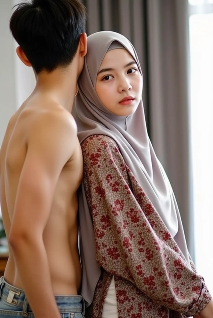 Nude Malay woman with hijab,arousal expression,moaning,closed mouth,some man holding her butt from older man leaning against her from behind picking her up, doggy style pose 