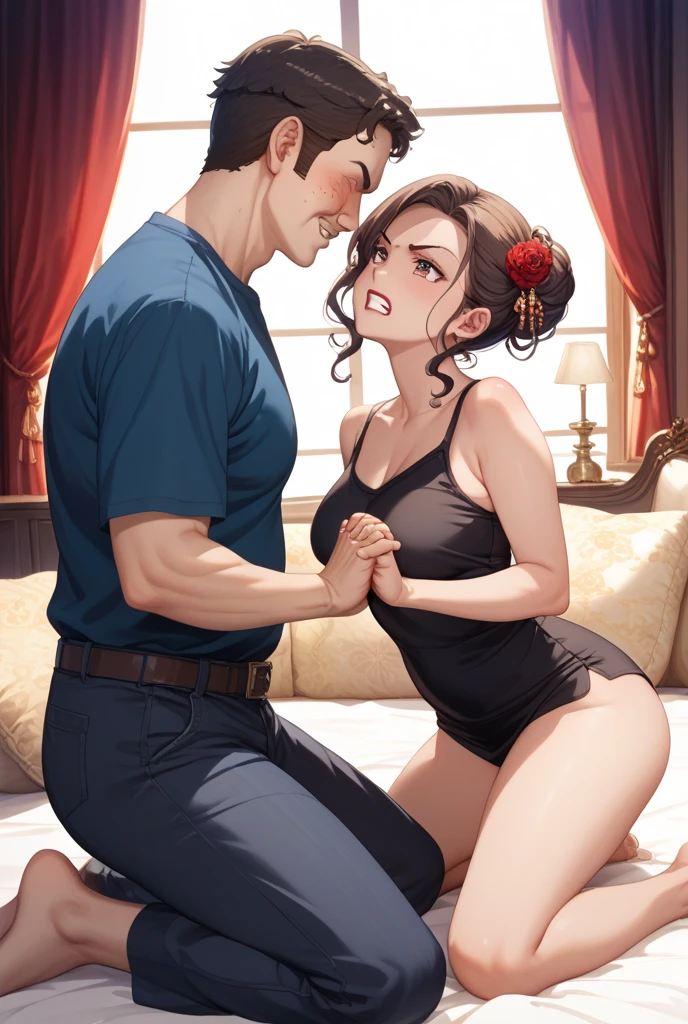 ((1 mature woman hugging 1 little boy ippo Makanaochi)),((tongue kissing)),(entangled),( She wears a thong),Delicate lip detailing，A MILF, trending on artstationh, intricate face details,Curvy physique, (Thick body),vibrant, 4K, 12k resolution,Seductive smile, mom seducing boy ippo Makanaochi