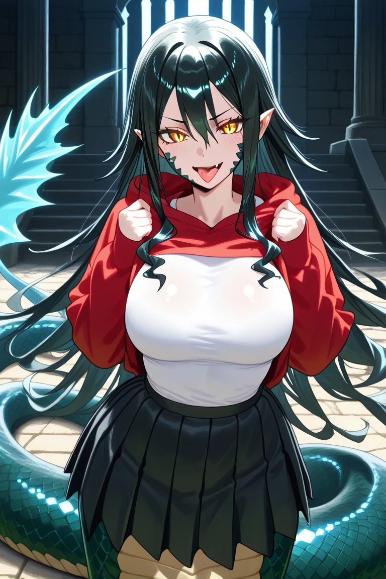 Anime girl df black hair in a Shinigami suit holding a scythe, has big breasts, pointy ears and big fangs, is in a classroom 