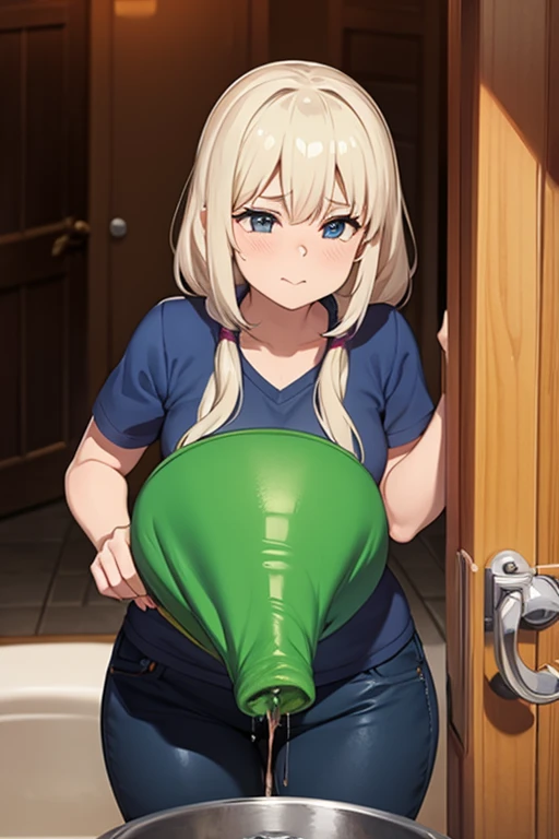 1girl,  nsfw,  houjousatoko, short hair, blonde hair, purple eyes ,hairband,  empty eyes, large breasts, nipple, Walking,  Hospital, frozen, wet, crying,  Naked,  (1girl)  Blank look, Peeing, lactation, projectile lactation