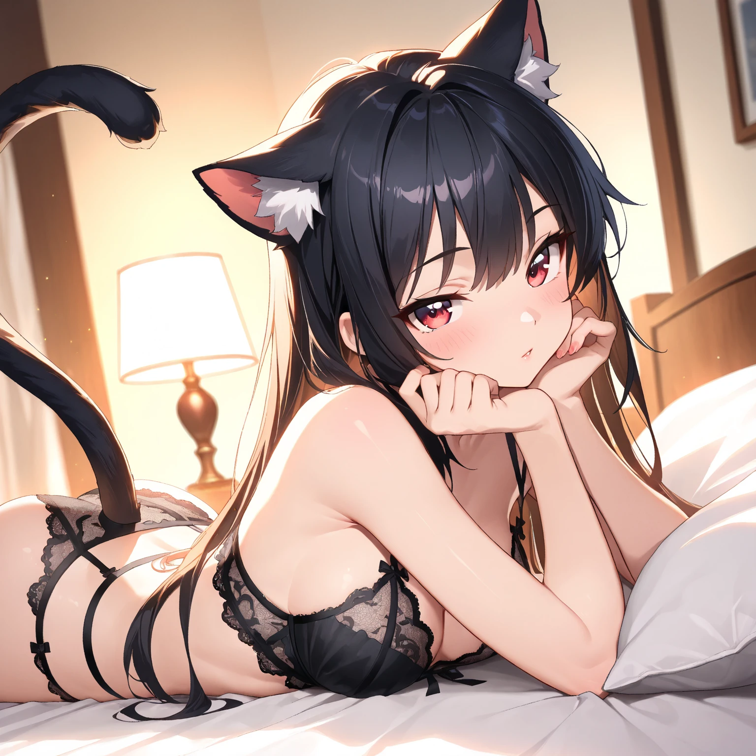  .......... 16 years old, horny lusty smile Cat girl   ( cat ears medium length brown shaggy hair with one 1 short braid, brown  cat tail, yellow eyes, big tits )))........red red red bikini..... Black black black stockings....... Bedroom ..... Sexy horny lusty похоть желает секса хочет секса 
