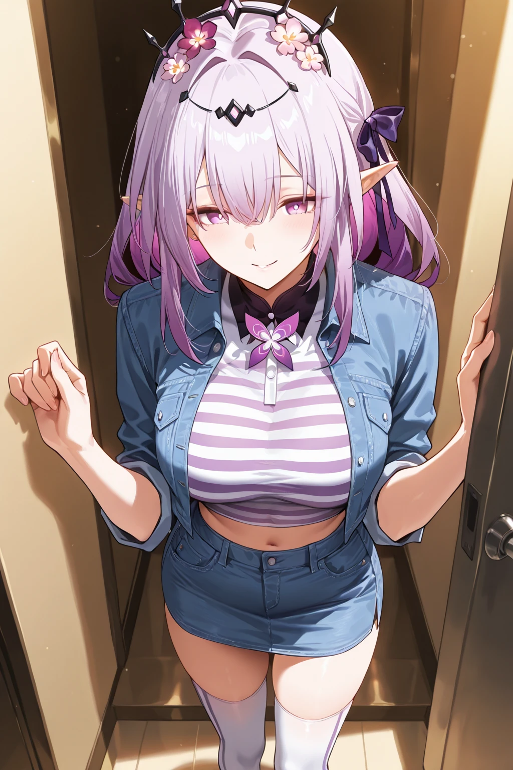 {{From Below}},{{{leaning forward}}},happy,{silver hair}},(Photoreal:1.4),BREAK,{{high quality light pink bra:1.2}},black pleated skirt,School locker room,Decorated panties,緑 medium long hair,{{look far away}},{masterpiece,best quality,illustration},17 years old,beautiful medium and large breasts 1:4,16 years old,{{beautiful baby pink eye1:4}},high school girl