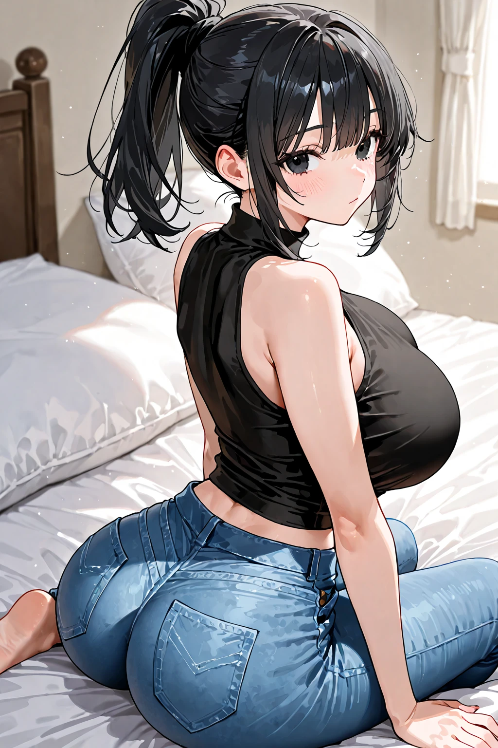 a beautiful Asian woman, 30 years old with dark hair in a ponytail, beautiful blue eyes, short denim shorts, white tank top, huge size breasts, busty, big ass, braless, bed room background
