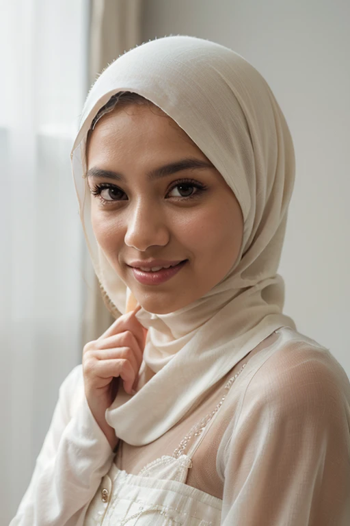 woman, long shirt, black hijab, beautiful face, white skin, soft smile