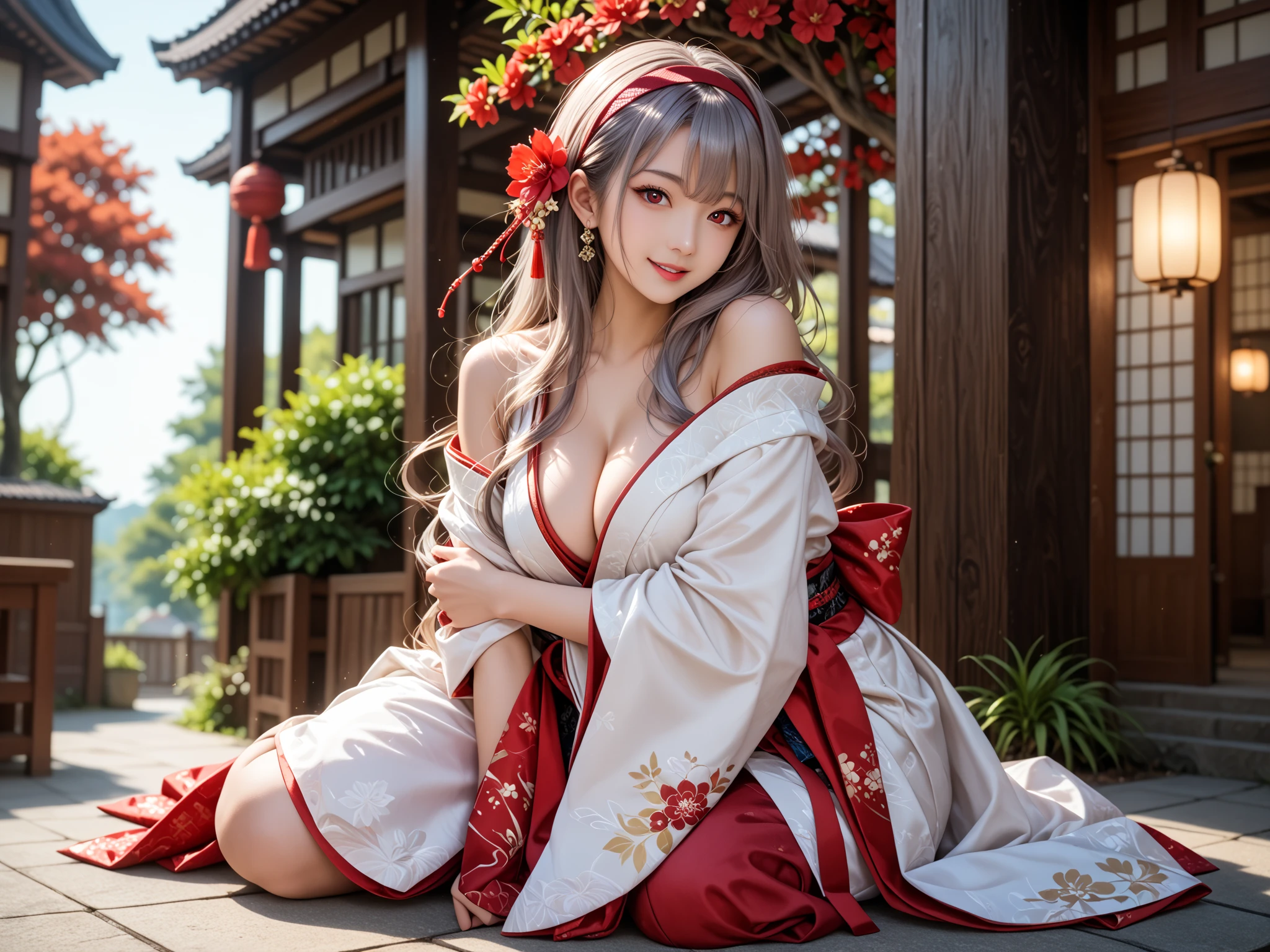 top-quality、masterpiece、超A high resolution、(Photorealsitic:1.4)、Raw foto、1 girl in、((white hair))、full body Esbian、large full breasts、Ultra exposed cleavage、erotick、Erotic look、gargantilha、二重まぶた、Loose and fluffy perm、semi long hair、Pleated skirt with slit、Staring at us with your whole body、Close up in black and white kimono, sōsaku hanga, hakama kimono, Anime Cosplay, Onmyoji, Komono,, high quality costume, intricate hakama, flowing magic robe, bath robe, japanese kimono、((Teenage Korean schoolgirl))、((Korean Female Idols))++、((human girl))、((a baby face))、Fluffy kimono