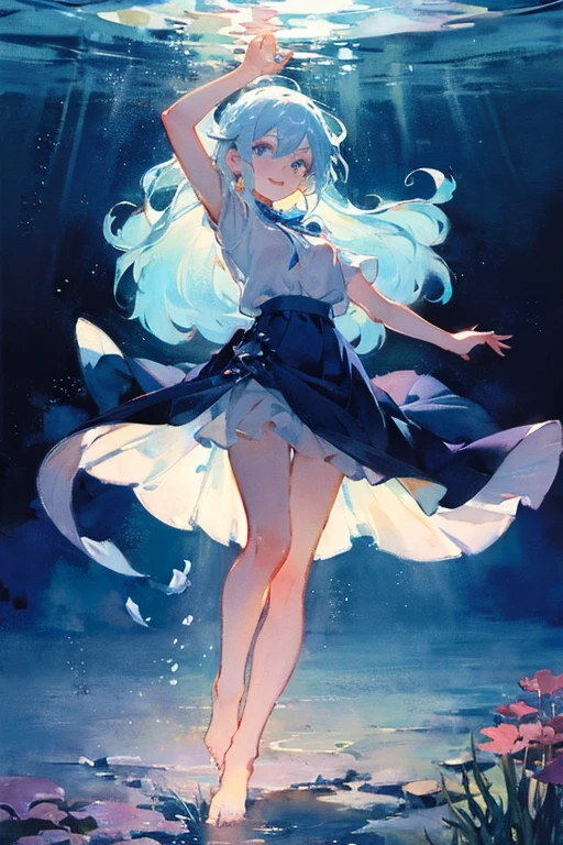 Star ,Stargazer, 1girl in, Cute, Water, Smile, Asian, Face seen from the side, Fish, Orion, flowingwater, divine ,White hair , dutch_Angle, up looking_Down, Thick_thighs thighs thighs thighs, Short hair, Parted bangs, Hair pulled back, Grey Hair, doyagao, Red Eyes, Bracelet, vests, spark of light, Beautiful and detailed bubbles, Deep sea background,