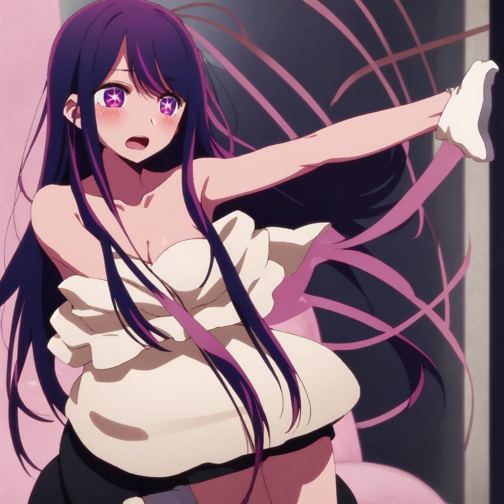 (score_9_up, score_8_up, score_7_up), (masterpiece, best quality, ultra detailed, intricate details, source アニメ, high resolution, smooth lines), hoshino ai, 1girl, 独奏, Purple Hair, Purple eyes, Long Hair, (star-shaped pupils:1.2), アニメ, peace fingers, medium breasts, sitting, spread legs, Camisole, panties, アニメ screencap
