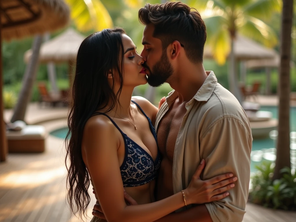 A fat indian man kissing a short huge booty NAKED latina mom in a public pool with a man watching in the corner