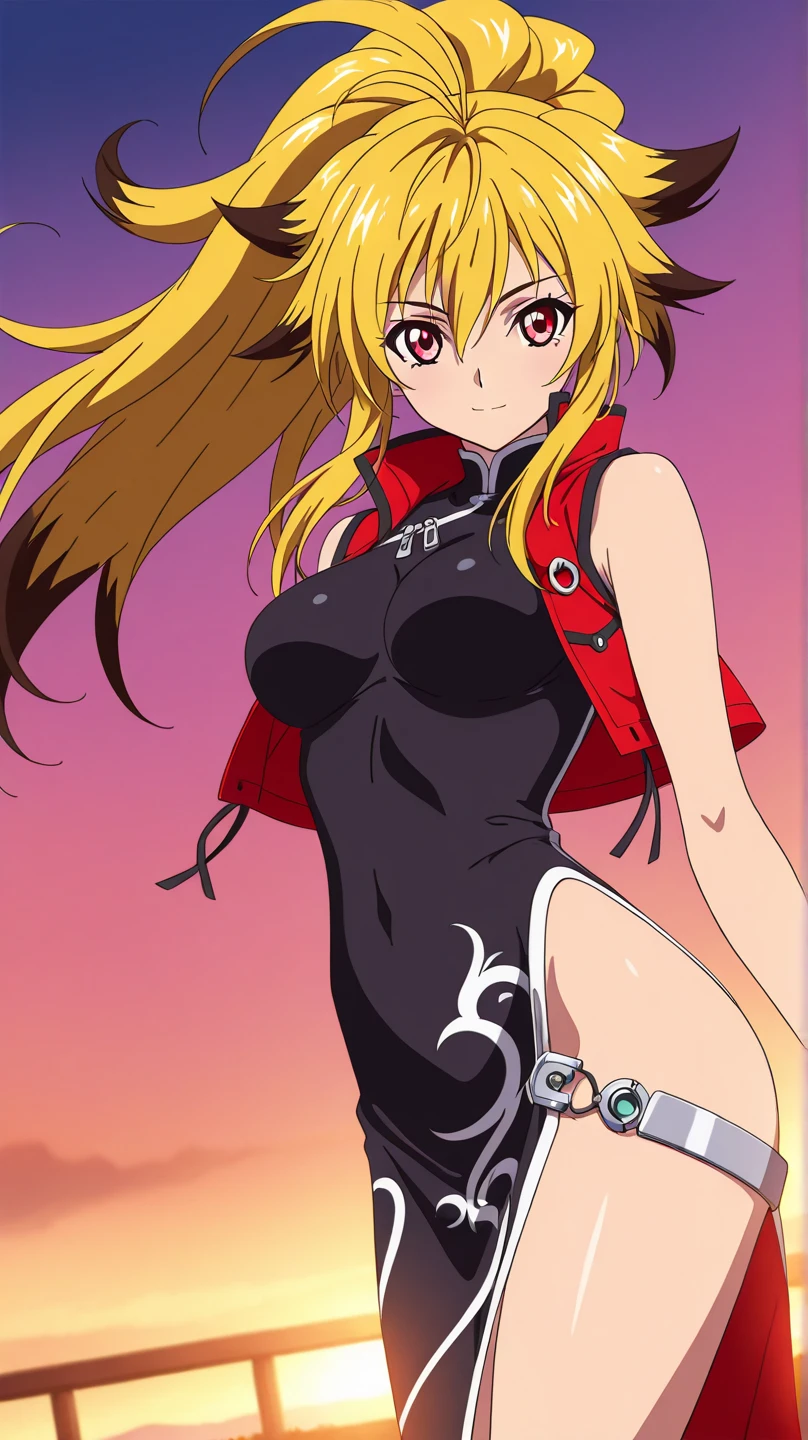 high quality, extremely detailed, perfect face,  <lora:BelldandyDemon:.8>, Belldandy, red latex leotard, ((black wings)), face marks, red latex gloves, red latex boots, large breasts, seductive smirk, (flames background), looking at you <lora:AhMyGoddess:.6>