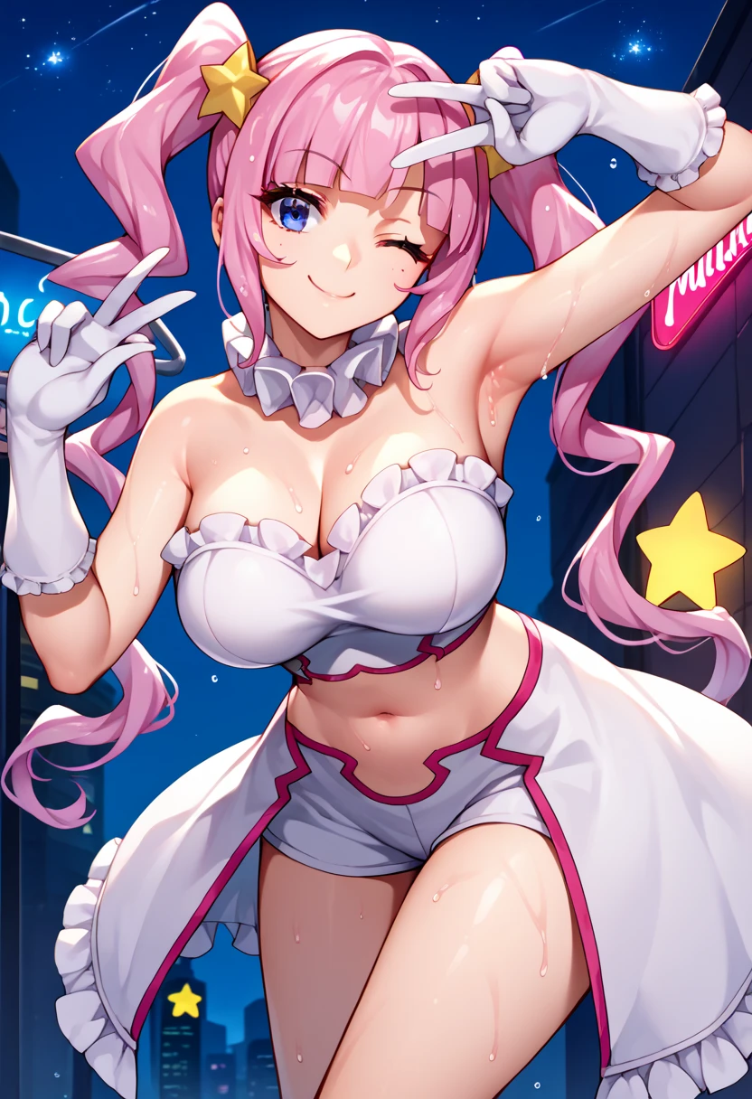 topless,vulgar,(looking at the viewer),Low - Angle,from below, ((1 girl, Showing beautiful medium pink nipples)),  ((masterpiece, highest resolution)), (beautiful illustrations),(Beautiful silver pink semi-long hair), innocent smile,cinematic lighting,(elegant pink skirt,elegant white panties),White over-kneehighs,lace chalk, Wristband, diamond necklace,Wristband, white fingerless gloves, earrings,Day,red light district,night, neon,
