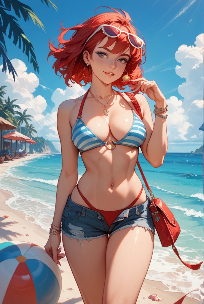 ((Masterpiece)), ((Best Quality)), Ultra High Resolution, HDR, absurderes, 8K, (1 girl), intricate details, ultra-detailed, dramatic lighting, blushing, smile, green eyes, short orange hair, bob hair, (black bikini, denim shorts), in beach, gorgeous girl, large breasts, cleavage, gorgeous body, glossy skin, vivid colors, full body view, sharp focus, detailed illustration, detail background, outdoors, depth of field, shy, feminine, professional artwork, fit thighs