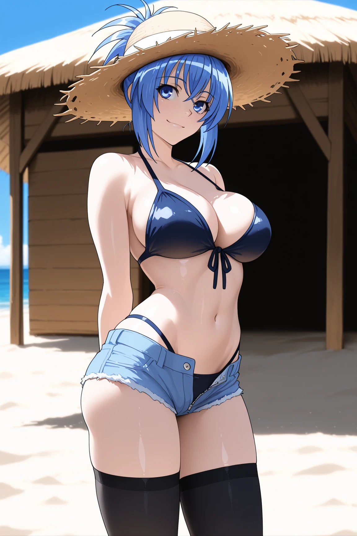 Woman in a micro bikini having sex in the cowgirl position　青い髪