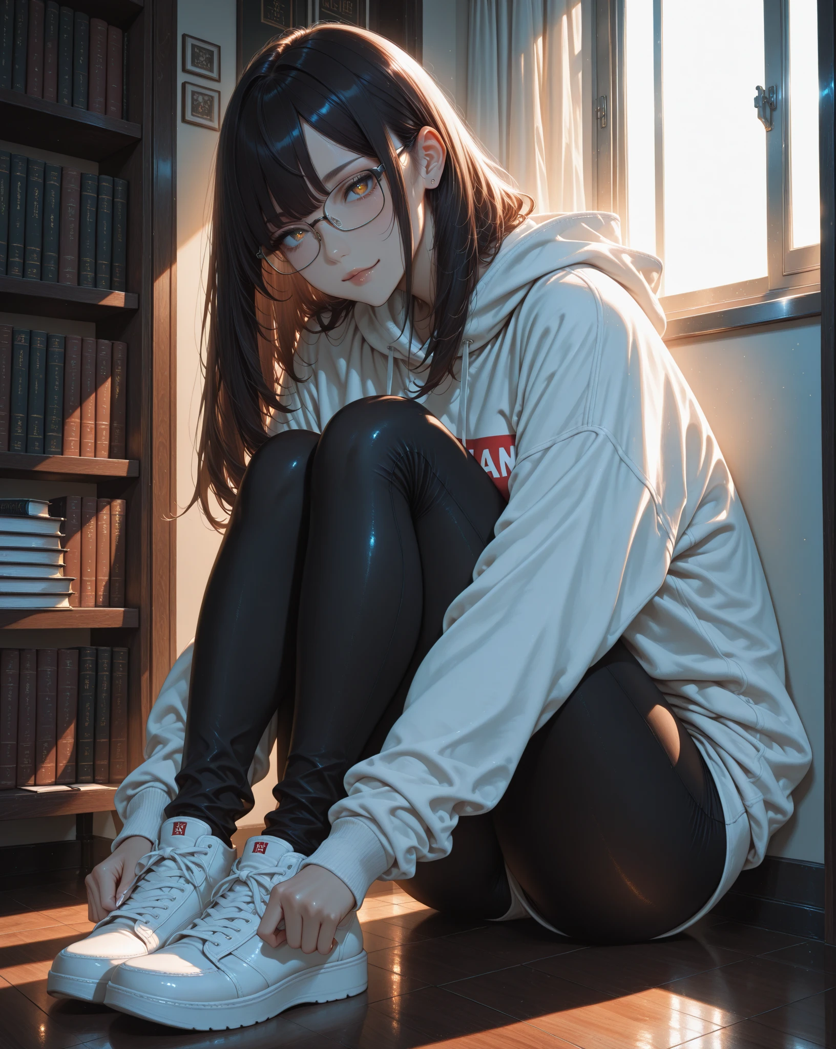 a anime girl sitting on a ledge in the rain wearing a black hoodie and glasses, 1girl, solo, glasses, shoes, hood, blurry, blurry background, ponytail, sneakers, sitting, looking at viewer, rain, round eyewear, black hair, hood down, long hair, hoodie, long sleeves, depth of field, black-framed eyewear, bangs, night, from side, white footwear, outdoors, closed mouth, sidelocks