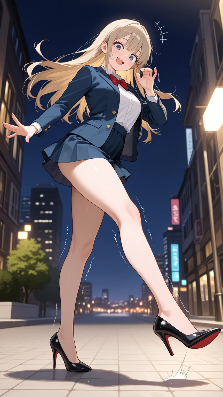 (high quality, 8k, 4K, High Contrast, masterpiece:1.2, 最high quality, Best aesthetics), Shibuya scramble crossing、Vibrant city lights、1 Female, focus on women, Light pink lips, Calm, smile, Facial details, Eye details, Intense dancing, Dance action pose, raise your legs, standing_split, (((Motion Blur Effect:1.6))), atmosphere of tokyo、Busy street scene、Neon Signs、Vibrant atmosphere、Fast-paced movement、((Motion blur on pedestrians in background:1.2)), An iconic Shibuya landmark、Modern cityscape、Architectural diversity、Crowded sidewalks、Rush hour traffic、Urban energy、Bright colors、Dynamic configuration、Atmospheric perspective、Dramatic lighting,
