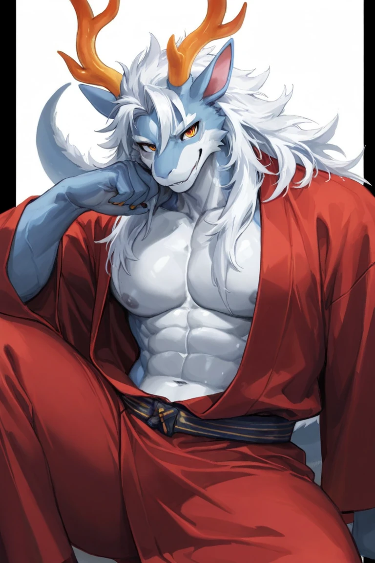 Fenrir,Wolf,Wolf人,male,aldult,Solitary,4K,Best quality,whole body,Looking at the audience,Fluffy tail,Long flowing hair,Upper body exposed,???? ?????,????? muscles,Pink ???????, Six-pack abs, Biceps, Anatomically correct,Delicate fur,pride,Soft shadows,Majestic,Detailed face,High quality eyes,green eyes,eyes shining,Sharp eyes,Grandiose,brave,Confident smile,Strong,kimono,simple loincloth,Mature,grassland,Blue sky and white clouds,sun