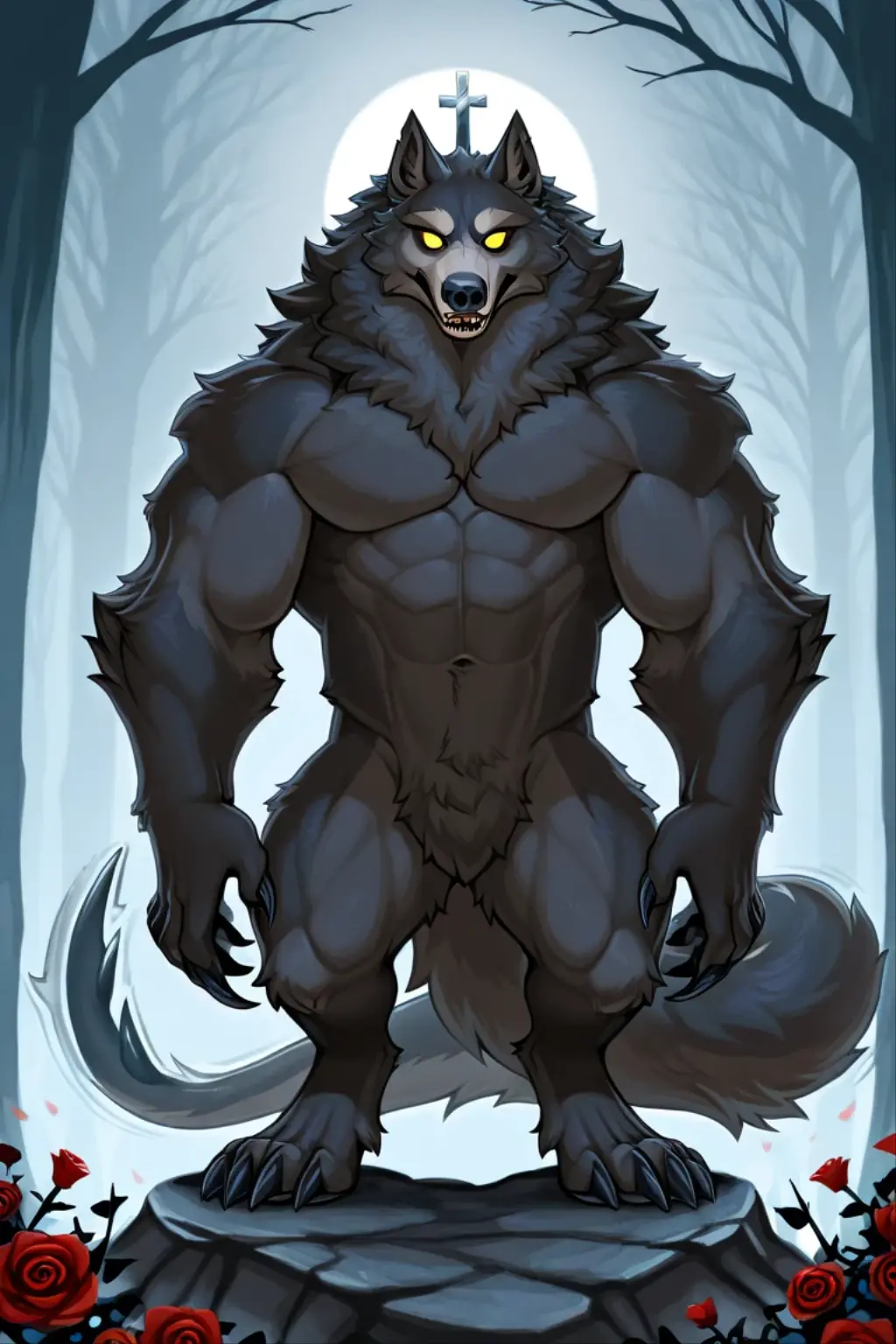 Lycanthrope with wolf head dark gray fur all over his body muscular build sharp claws yellow eyes looking straight ahead at the viewer in a foggy forest background 