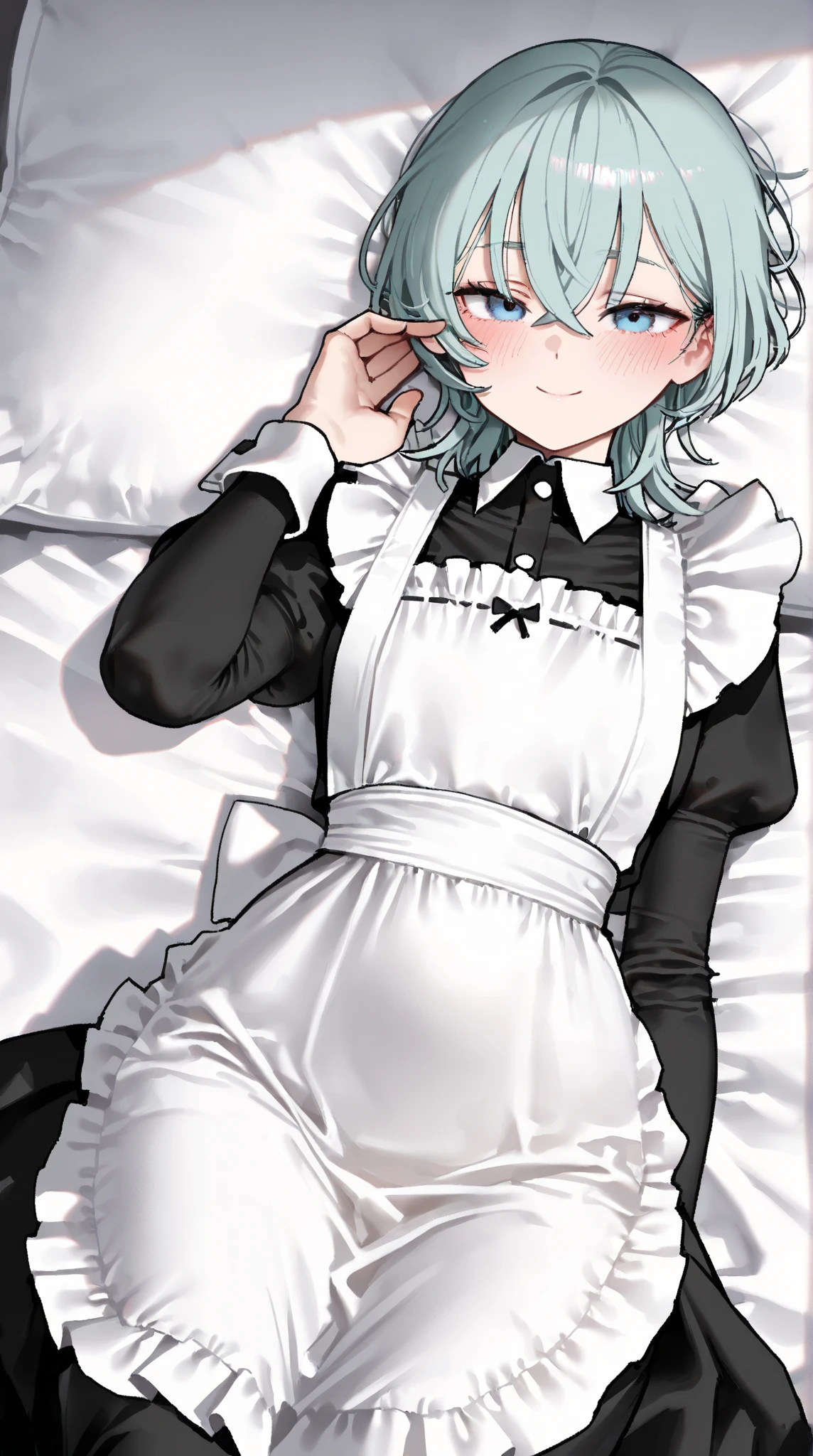 A white deer，white color hair，Green-eyed，shota，lovely boy，Bedrooms，pantiess，Wearing light green maid outfit，White  socks，deer antlers，a skirt，window，rays of sunshine，One guy，White stockings，Get down on the bed，clean sheets，throw on bed