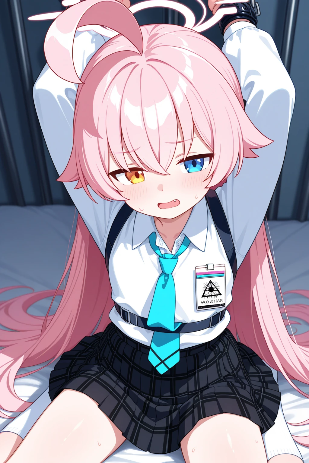 hoshino \(blue archive\),heterochromia,long hair,pink hair,ahoge,halo,white shirt,plaid skirt,necktie,sneakers,id card,NSFW,One girl,from front, cheek on ground, hands on ground, living room, nude, sex, grab hip, sweat, steam, through glass, witness, peep, nsfw, best quality, very aesthetic, wide shot,terasu_mc, style,pony