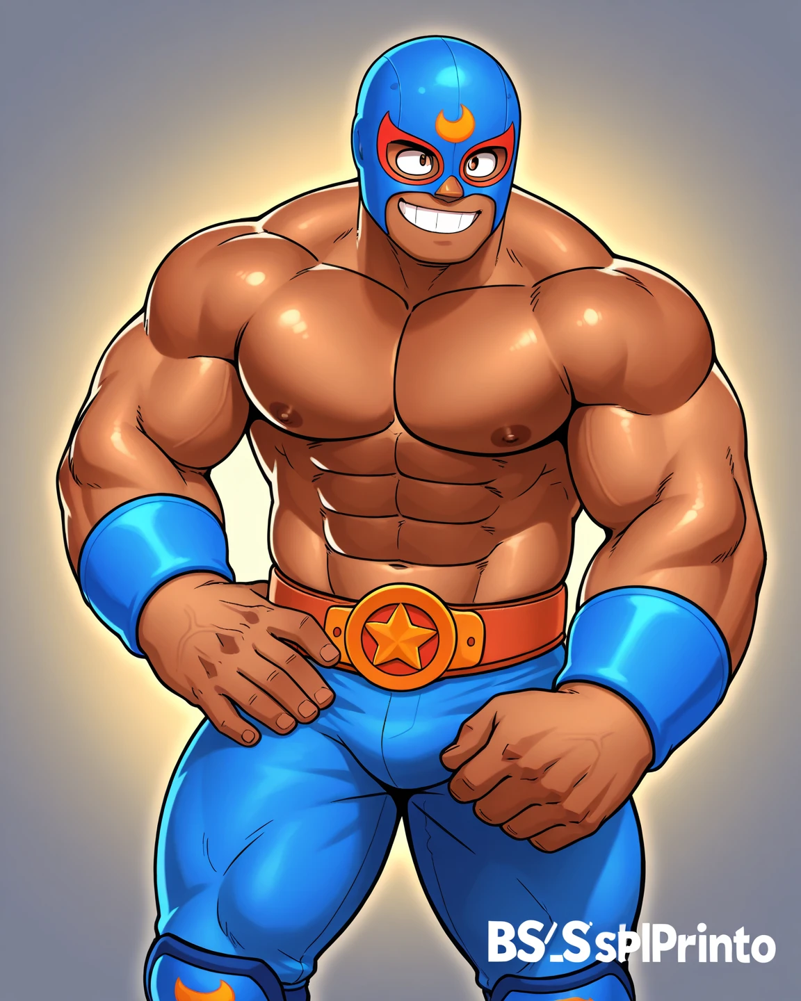 The character in the image is a masked wrestler with the following characteristics:

mask: Blue with red details around the eyes and a yellow symbol on the forehead.
body: Muscular and light brown skin.
belt: Red with a large gold star-shaped buckle in the center.
Gloves and Boots: dark blue, matching the mask.