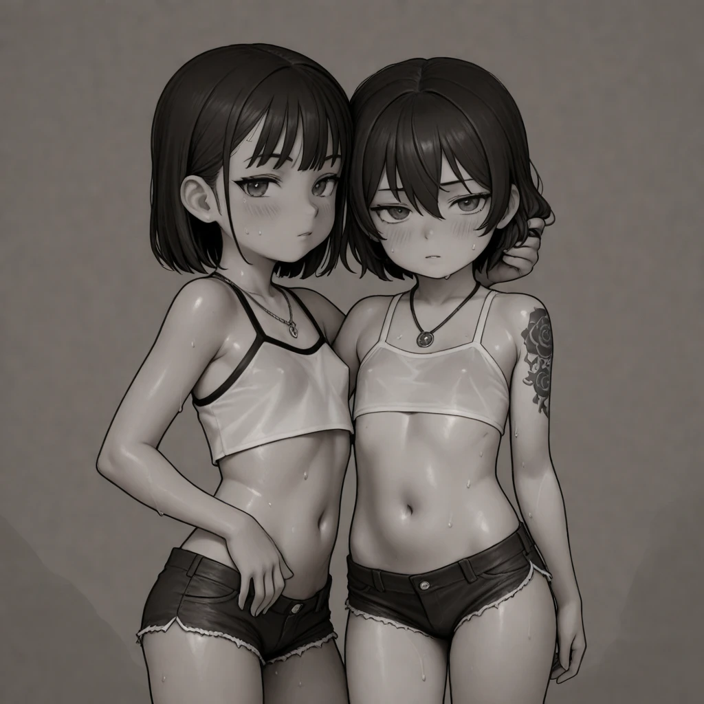 whole body, RAW photo, extremely delicate and beautiful, masterpiece, Best Quality, ultra high resolution, 16k, hyperrealistic, realistic, photorealistic, photo-realistic, ultra-detailed, detailed description, pale skin,  in her 20s, very Slim body, narrow waist, very small head, very small face, delicate facial features, big tits, medium hair, black hair, tearful mole, earring, t-shirt, tank top, Hot Pants,