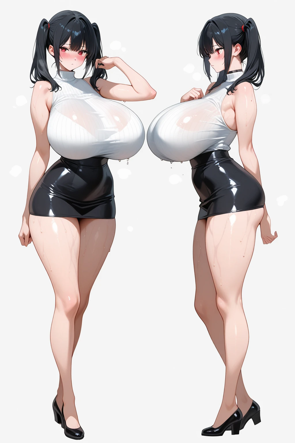full bodyesbian，Two beauties，Stand in a row，Gray skirt，Conjoinment，Tights suit，Standing on the ground，huge tit，Slim，long leges，Stand up straight，nothing background，Slim，Exhibited，Mannequin，standing on one leg，leotard skirt，The skirt was pulled up，Pearl panties，Glowing flight panties