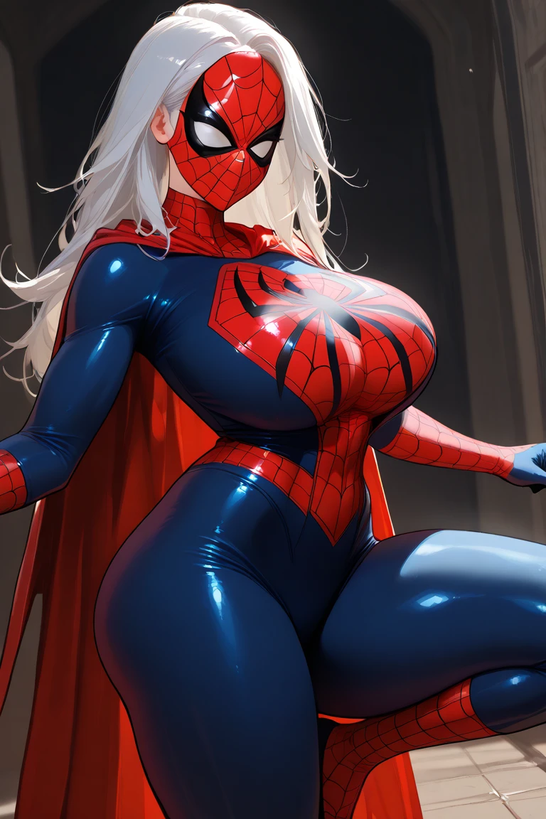 (Extreme Detail CG Unity 8K wallpaper, masterpiece, highest quality), (Exquisite lighting and shadow, highly dramatic picture, Cinematic lens effect), a girl in a white Spider-Man costume, silver gray hair color, from the Spider-Man parallel universe, Wenger, Marvel, Spider-Man, sitting on the couch, dynamic pose), (excellent detail, excellent lighting, wide angle), (excellent rendering, enough to stand out in its class), focus on white Spider-Man costumes, complex spider textures,big breasts, earrings