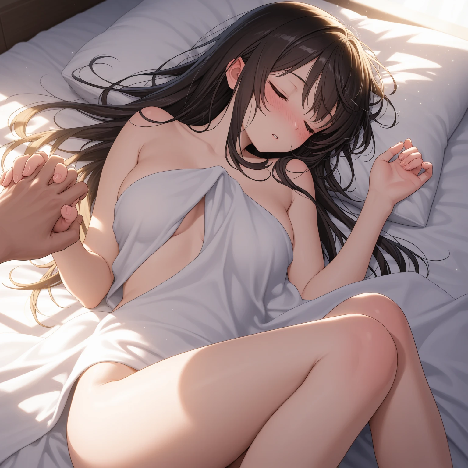 She is naked. She straddles a golden silk cushion.
