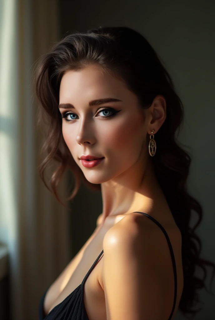 The sexiest beautiful beauty in the world,ellegance，pearls necklace，black color dress, Cinematic texture, Best quality, Movie poster, Soft lighting, Warm colors,in the style of uhd image, wollensak 127mm f/4.7 ektar