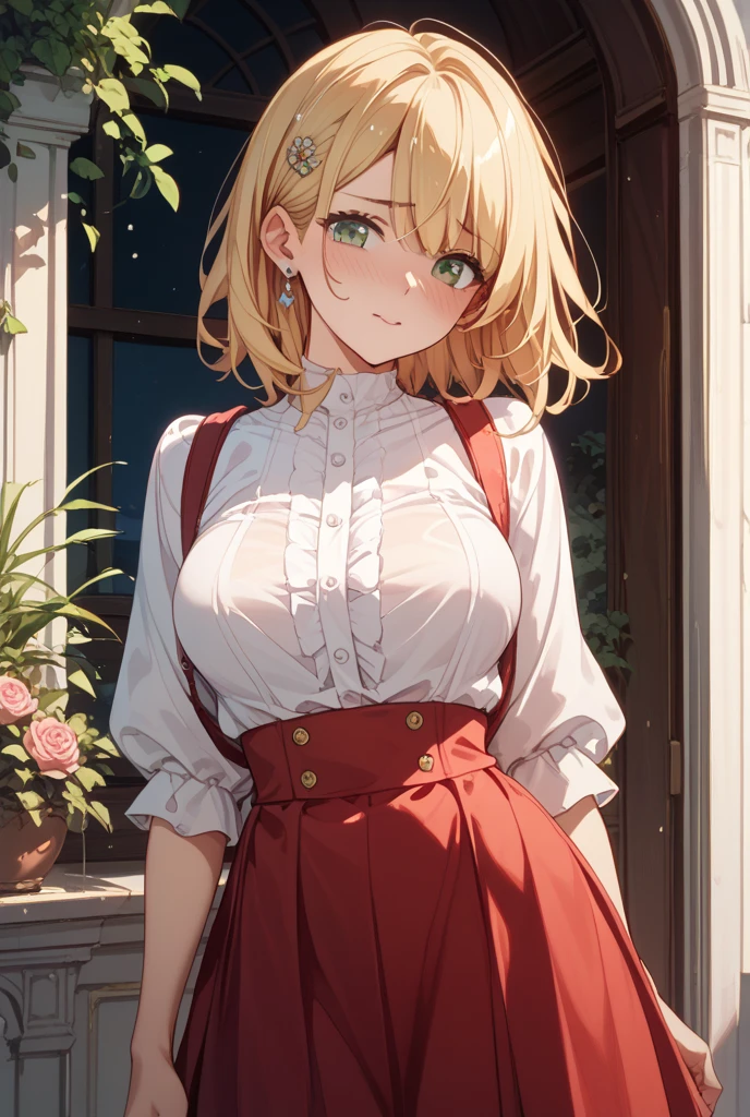 Tabletop, highest quality,figure, wallpaper, Super detailed, Absurd beauty、1 beautiful girl、 (Blonde、short hair、Wavy Hair、Ample breasts、Very large breasts、clavicle) , Put your hands behind your back、Keep your head small、Accentuate your cleavage、Casual clothing、Off the shoulder、Knitted sweater、skirt、great outdoors、Flower Field、Close your eyes and laugh、smile、Shyness