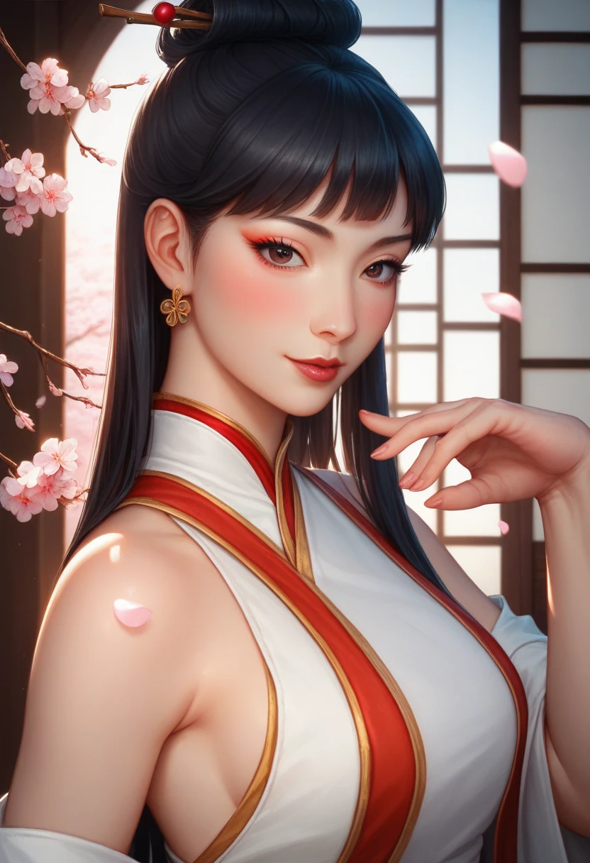 1 mature woman with black hair gathered at the back, beautiful Chinese woman, elegant beauty, elderly woman, China, ancient China, Ming dynasty, woman wearing white clothes, traditional Chinese costume, black eyes, almond-shaped eyes, gentle smile, best quality, 8k, highres, masterpiece:1.2, ultra-detailed, realistic, photorealistic:1.37, HDR, UHD, studio lighting, ultra-fine painting, sharp focus, physically-based rendering, extreme detail description, professional, vivid colors, bokeh, portraits, illustration, oil painting, 3D rendering