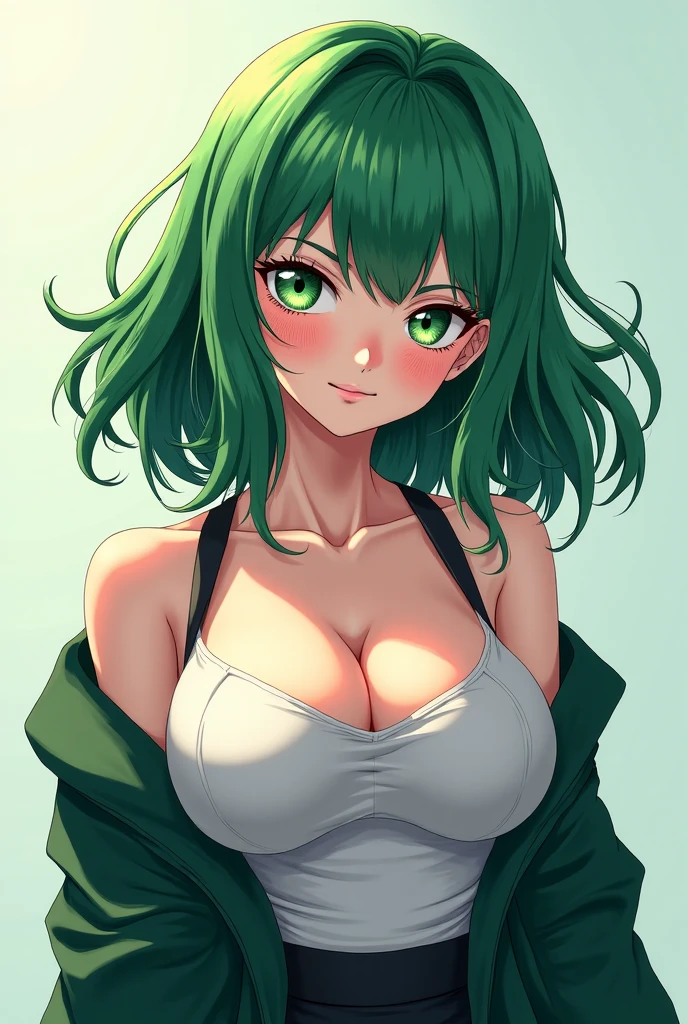 (masterpiece, best quality), 1girl, solo, otaku, dark green hair, medium hair, messy hair, long bangs, hair over one eye, orange eyes, gigantic breasts, plump, thick lips, tank top, low neckline, jeans, open cardigan, off shoulder, indoors, light rays, light particles, portrait, looking at viewer, parted lips, light smile sexually suggestive