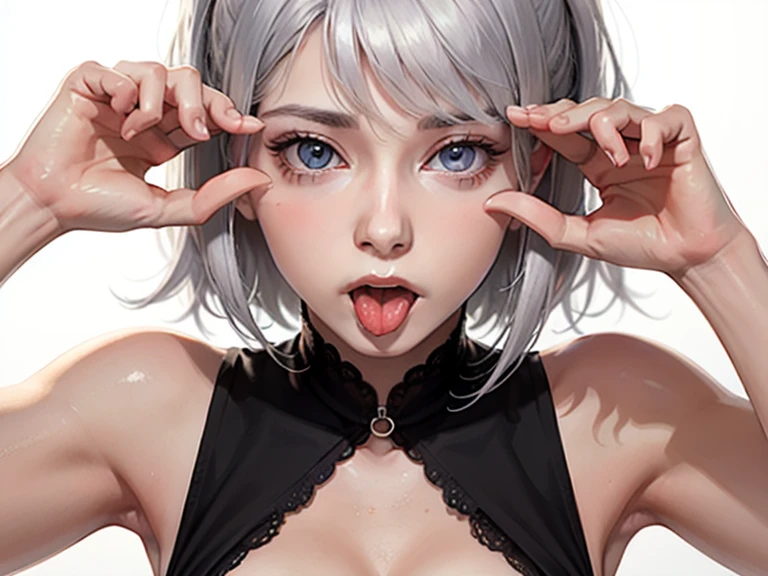 ベランダでBlowjobするメテオラ、Super detailed、Particles of light:0.5、Shiny and smooth skin texture、Put your hands on the railing、Beautiful Eyes、Silver Hair、Blue Eyes、Blowjob、Open your mouth and stick out your tongue、Natural Texture、Short Hair、、Mature slender beauty、Small breasts、Dignified face、、Breasts are visible when slouching、Licking the male genitalia with the tongue、hold the penis with one&#39;s hand、Small breasts、slight chest、Re:Meteora by CREATORS、Fantasy