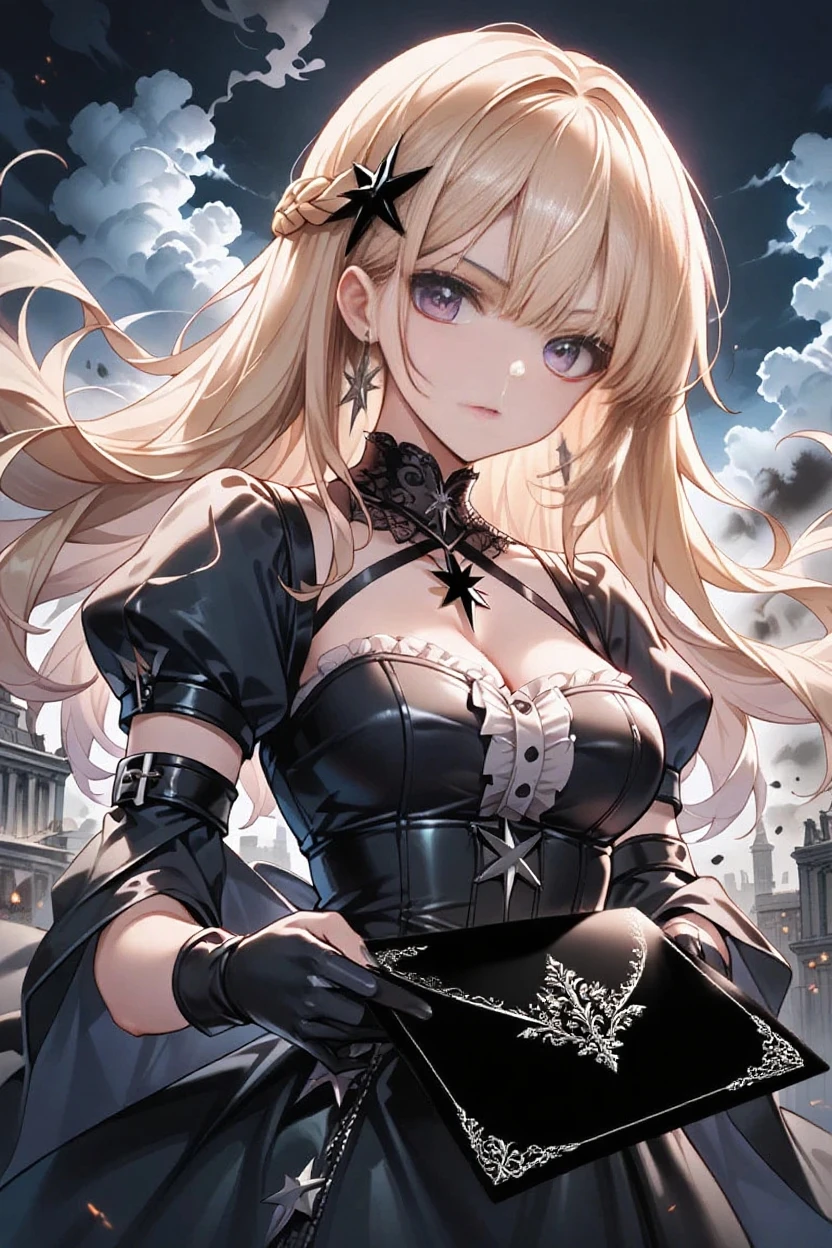 Anime style beutiful woman, 1girl,fullbody, happy, (with sparkling eyes and a contagious smile:1.2), red face, closed mouth, beautiful detailed eyes, super detailed skin, backlighting, bare shoulders, black background, black dress, black gloves, black hair, breasts, dress, earrings, fingerless gloves, floating hair, floral print, flower, gloves, gold earrings, gold hairband, hair flower, hair ornament, hairband, holding, holding weapon, jewelry, large breasts, long hair, looking at viewer, off-shoulder dress, off shoulder,red eyes, short hair with long locks, sidelocks, solo, spikes, thighs, two-sided dress, two-sided fabric, weapon, fighting stance , face, close up, from above, highest quality, high resolution,Real World, Natural light,perfect Natural light,looking at viewer,