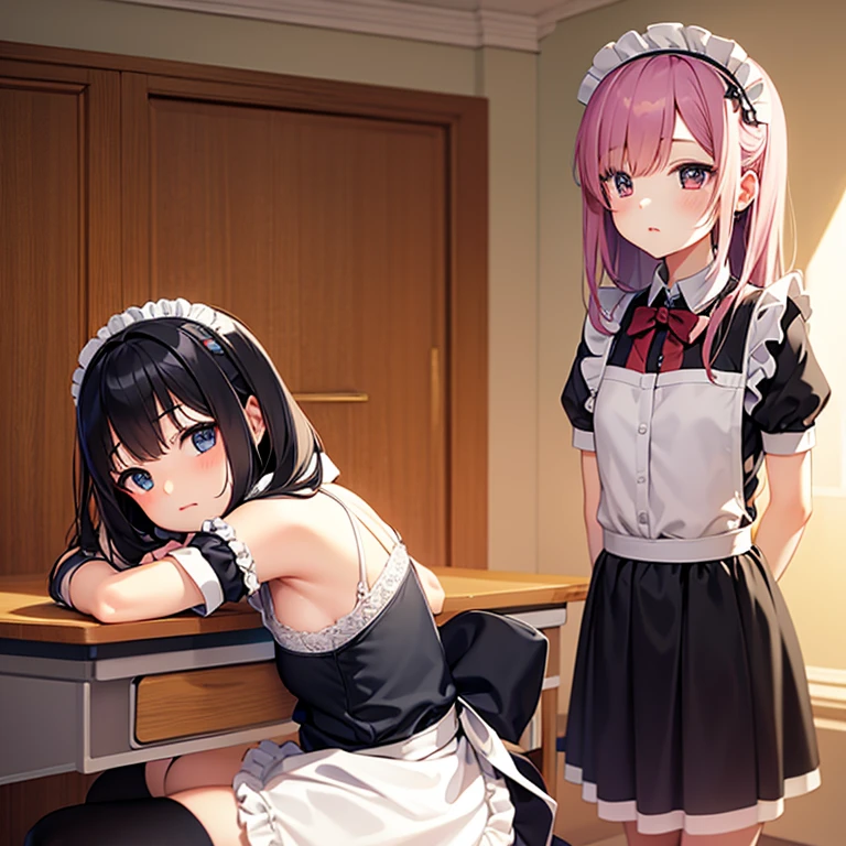 highest quality、masterpiece、((2 girls:1.5))、((smile:1.3))、(blush:1.3)、Black Shirt、blouse、((fun!!))、(Small breasts)、()、Blonde、(Long sleeve)、((White apron:1.5))、((Maid))、((hair ornaments)),、Kamimei、look at me、 ((in house:1.5))、 Taking a break from watching the audience、Cowboy Shot、(Skirt lift:1.3),(Highly detailed pink striped panties:1.3)、(Highly detailed panties:1.3)、、(スカート that rolls up:1.3)、(Panties fully exposed:1.5)、Light blue eyes、long hair、Glowing Eyes