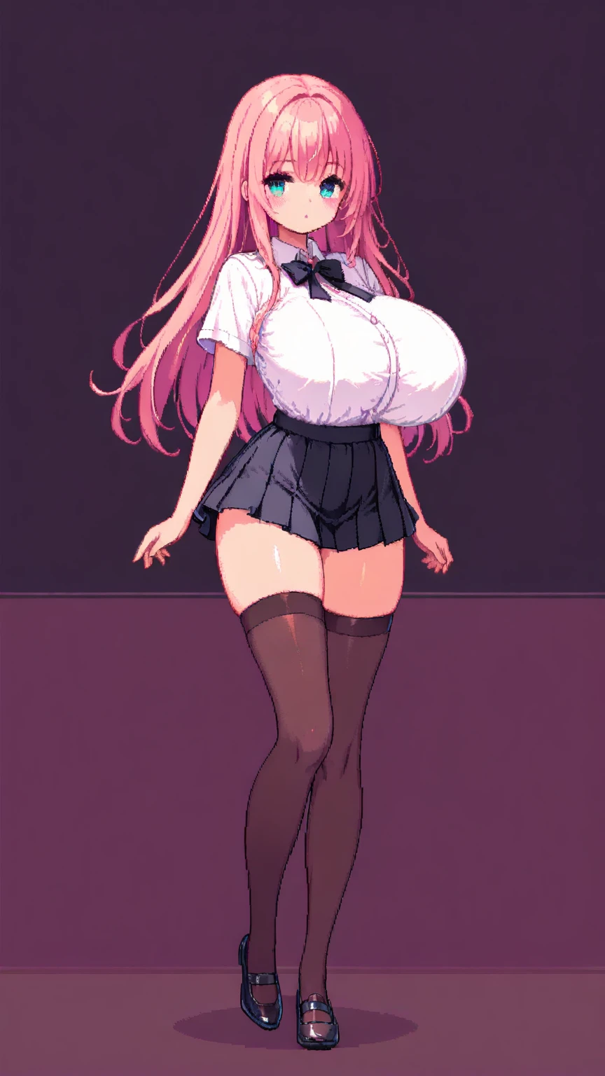 gotou_hitori, 1girl, solo, long hair, breasts, looking at viewer, blush, bangs, blue eyes, skirt, large breasts, simple background, hair ornament, long sleeves, hair between eyes, sitting,huge ass, huge breasts, huge thighs, narrow waist, wide hips, thick thighs, curvy, closed mouth, jacket, pink hair, pantyhose, pleated skirt, black skirt, black pantyhose, one side up, hand on own chest, black background, grey skirt, track jacket, pink jacket, cube hair ornament