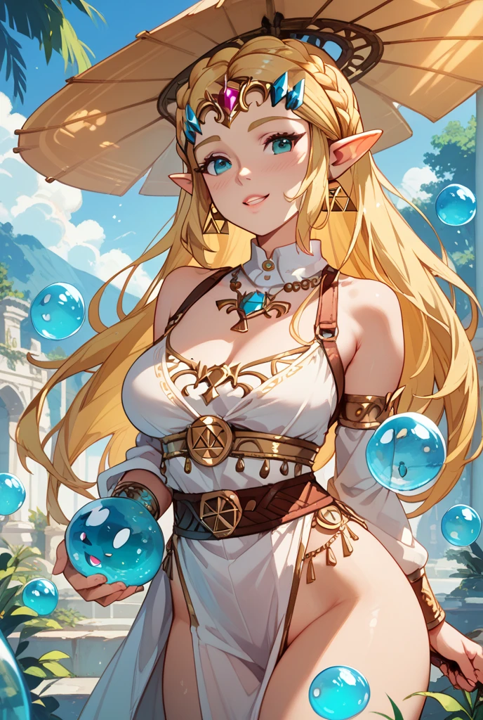 (Beautiful woman), amazing stunningly beautiful, (Zelda:1.2) (from The Legend of Zelda), from the front, wearing (slutty white dress), (leaning foward), (showing deep cleavage:1.2), (toned legs:1.1), (bubbles around:1.1), (detailed face and eyes:1.2), (huge breasts:1.1), (bimbo), (labia:1.2), (breasts outline:1.2).
