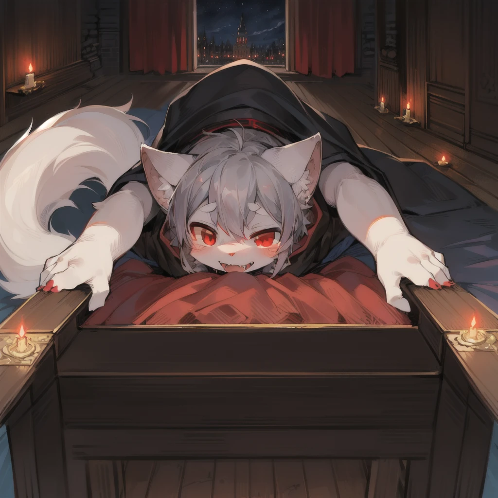 (Dark Environment: 0.8), Masterpiece, High Quality, Abstract Res, Digital Painting\(artwork\), by Dagasi, Yupa, Kiyosan, (Anthro, Fluffy Fur, Character Focus: 1.1), Anthro Male Cat, Short Hair, Portrait , bright eyes, character focus. (Detailed background: 0.7), Solo, Furry, Furry Tiger Male, Male Focus, Anthr, (Full body fur, Fluffy tail, White fur, Red eyes, Gray hair: 1.2), (Canids, vampires, capes: 1.2), (Interior, Night, Castle, Coffin: 1.1) Castration, castration
