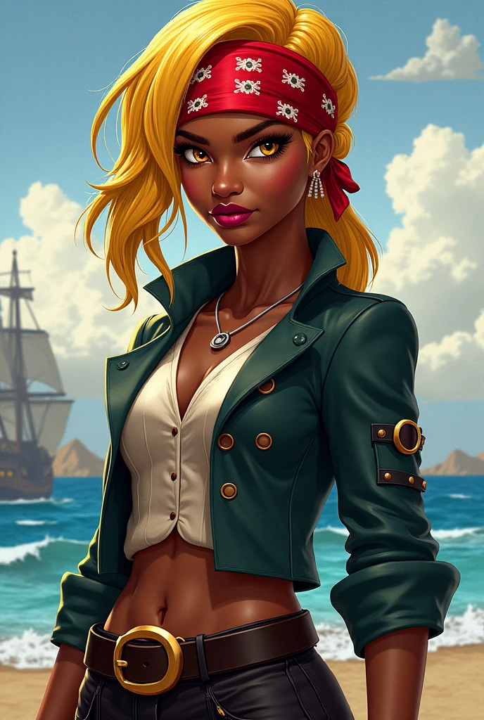 Estilo One Piece, a black woman with curly red hair, and Red eyes on the ship 