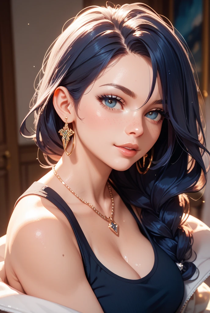 Fantasy, ultra detailed beautiful woman, voluminous breasts of a 25 year old woman, stunningly beautiful, stylish dark blue hair, black dress, Golden eyes, Her entire head is visible with hair, dark green gemstone necklace, earrings, gold eyeshadow is visible on her eyelids and eyeliner on her eyes, very long eyelashes, Stunningly beautiful face, Focus on the face, holographic, Light particles, ultra detailed illustration, hit definition, Very bold and bright colors, permission 32K, Best quality, Volumetric lighting, “Best quality”, &quot;masterpiece", half of her body is visible, the top of her body is visible, ultra realistic, high quality detailing, Fantasy dress