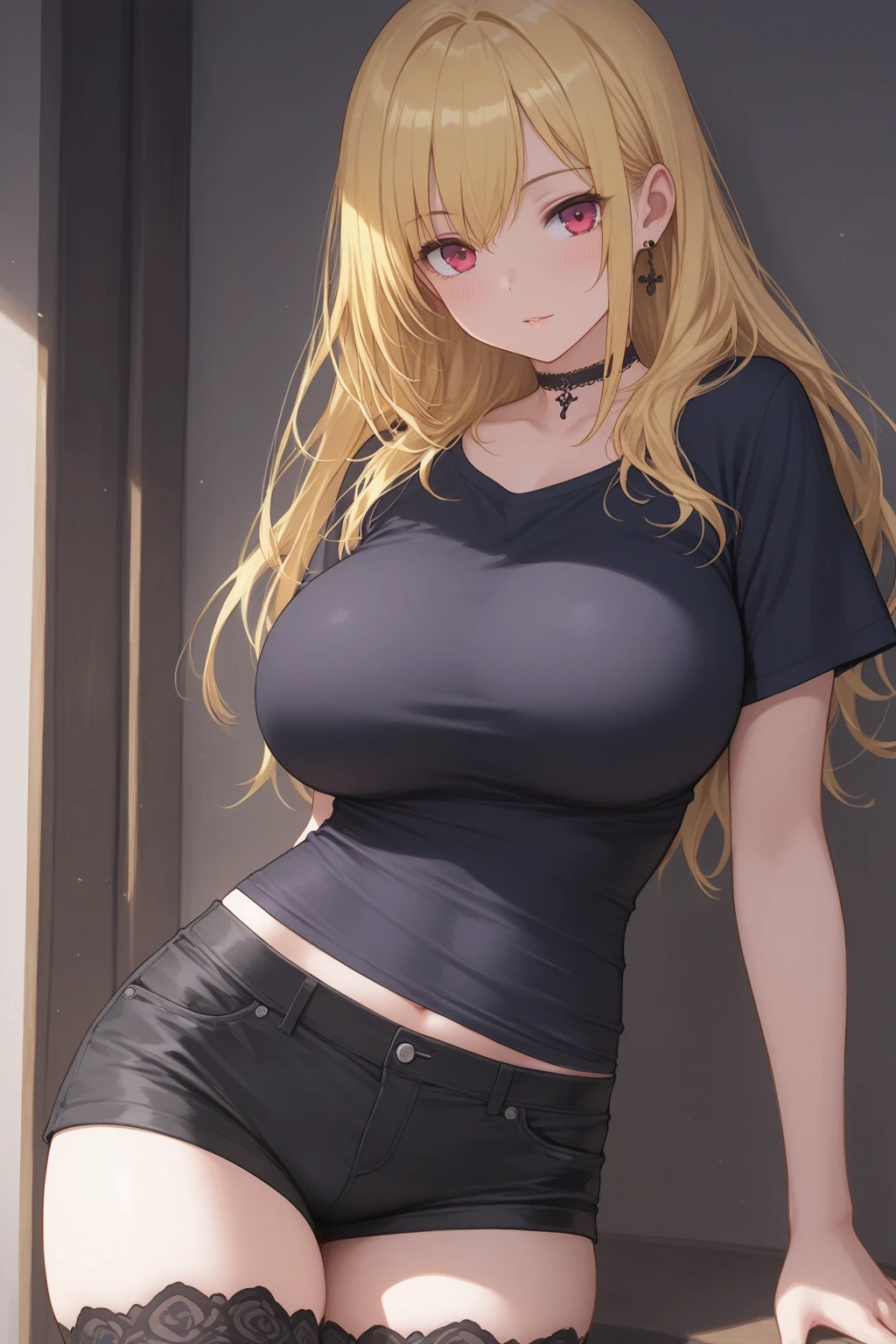 sex,masterpiece, best quality, 首をかしげるOne Woman,solo,27 age, long hair, blonde hair, brown eyes, large breasts, short sleeves, crop top, jeans, standing, (black shirt), blue pants, upper body, looking at viewer, love hotel room,night