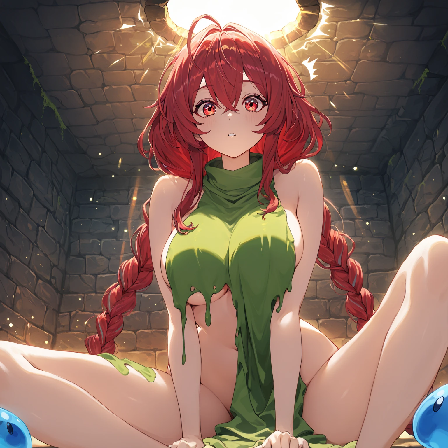 nsfw,(super fine illustration,8K CG wallpaper,best quality,extremely detailed,ultra high res,best aesthetic),(cowboy shot,from front),idolmaster, {{{hina araki}}}, (20yo, beautiful girl), (beautiful brown eyes),((beautiful orange hair)), ((short hair)), (((green rim glasses))), (wet hair), (wet skin), ((sweat)), ((steam)), (flat chests,large breasts), (tall), (slender), (((green and white cyber suit))), ((open clothes)), ((pubic orange hair:1.5)), ((on stage)), ((((spread legs)))),((spread pussy:1.3)),(open mouths), (a big smile), ((stick out tongue)),(feel good), (one eye closed),(blush),(singing),((headset)),(cum on body:1.3),