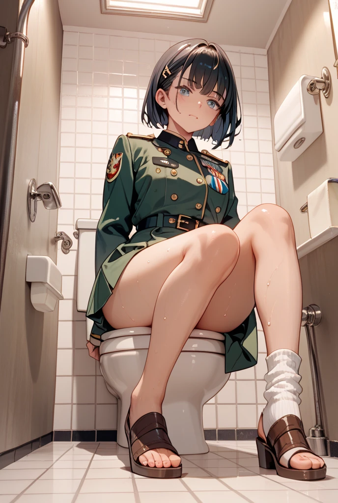 (((best quality, highres, masterpiece, uncensored, high quality, ultra detailed, extremely detailed CG, hiqcgbody, beautiful face, beautiful eyes, extremely awesome detailed CG unity 8K HDR wallpaper, perfect anatomy:1.1))), (extremely awesome detailed realistic, extremely awesome detailed 3d:1.0), (((Uncensored, nsfw,1girl, sex slave))), (1girl, (((indigo hair, blue inner, afro, sideburns, shiny hair, short su hair, (ahoge), (asymmetric bangs:1.3), long hair)))), (((((military uniform, , clothing aside, see through))))), (((policeman, picha))), (((((extremely awesome detailed deep-silky-healthy-lackwarm-foundational-baby face))))), (((((after sex, clitoris, pussy, anus,(spread legs), arms behind head, happy, blush, spoken heart, aroused, (vulgarity, heavy breathing, fucked silly, trembling:1.2), (completely nude, pussy juice, sweaty skin, steam, smelly:1.2),cowboy shot, front view, pussy focus))))((((toilet use, panty pull, toilet, restroom, panties above knees, panties below knees, sitting, bottomless, pants pull)))), caughtpeeing, (pee, peeing), peeing self