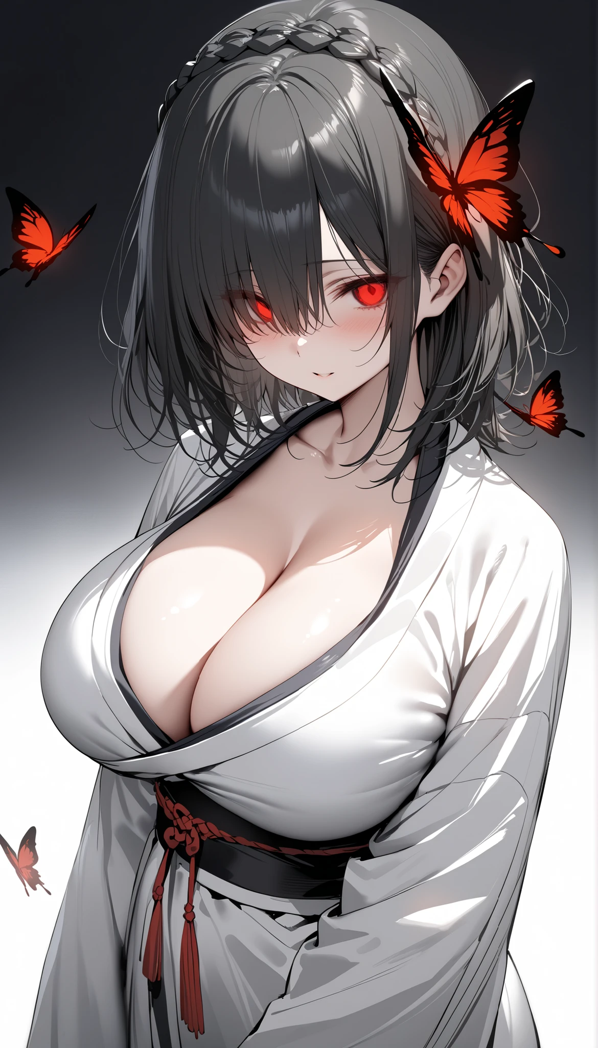 (high quality, 8k, 4K, high contrast, artwork:1.2, high quality, best aesthetics), (dynamic angle), ((1 woman)), erotic, sensual, mature body, super detailed, beautiful face detailed, beautiful eyes detailed, detailed beautiful mouth, sexy body, perfect breats, black hair, short black hair, ponytail hair, red eyes, serious facial expression, women's black ninja kimono with red clouds printed, black lipstick, kunoichi, ninja girl, forest, centered, looking at the viewer, zoom on face, exposed breasts, naked breasts, nipples.