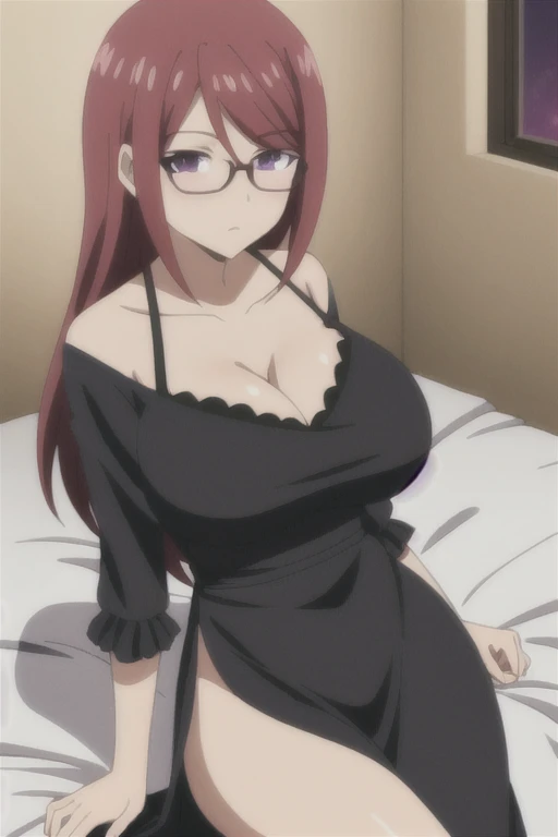 masterpiece,best quality,1girl,breasts,long wavy hair,brown hair,light brown hair,purple eyes,hair over one eye,1girl,purple eyes, hair over one eye, bangs disheveled strand hair, mature, ahegao_face, sports bra, thong, bedroom,