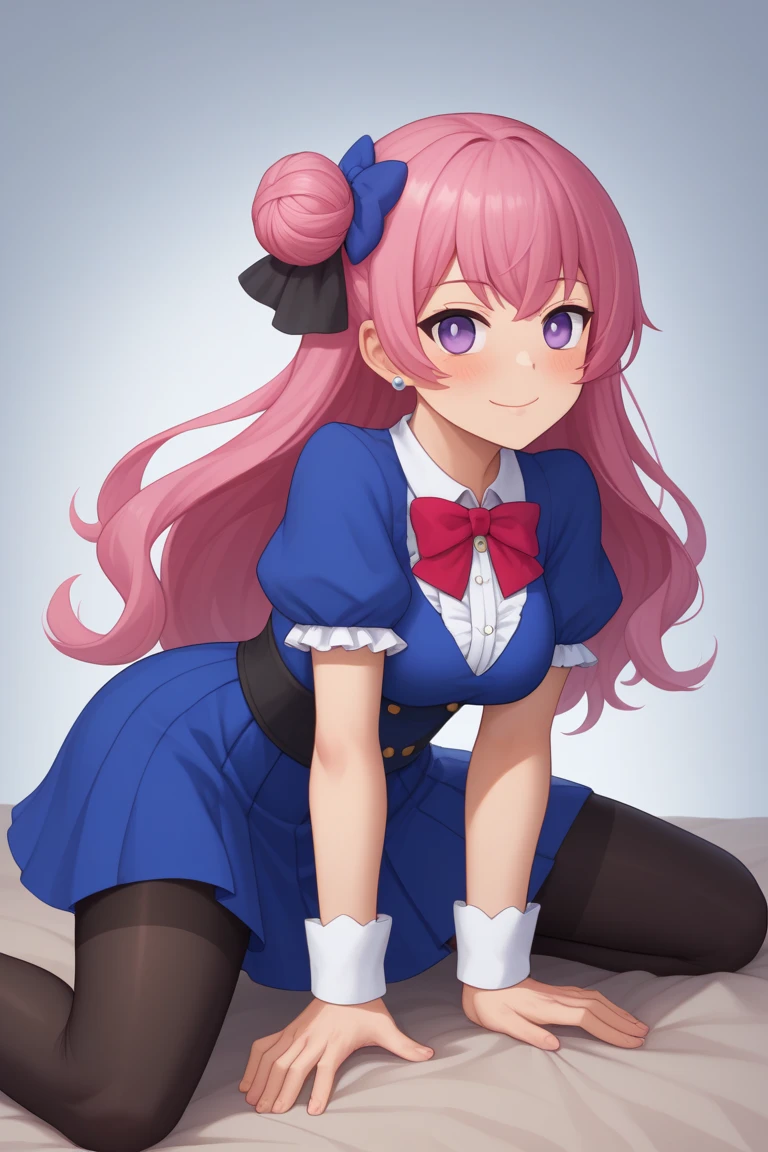 Girl with pink hair, long double-tailed hairstyle ((small pink bushy eyebrows)), , dressed in lolita dress, sunset lighting showing her body, very marked thigh gap, Thigh Gap, marked , lifting her skirt to show her  wet with , thighs splashed with , with a flirtatious smile, 
sidedoggystyle
