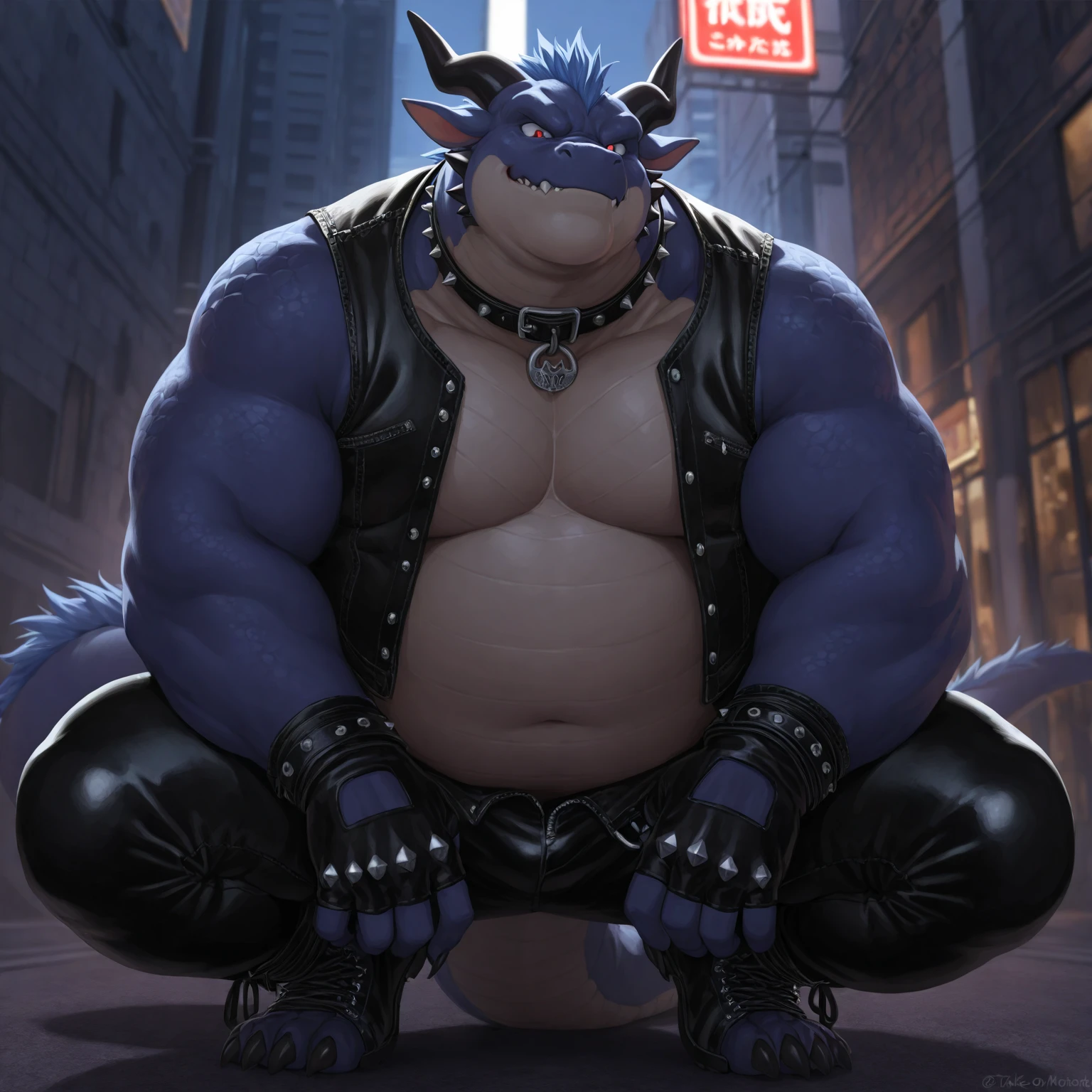 ((best quality)), ((masterpiece)), (detailed), perfect face, Bara Furry, Anthropomorphic Gorilla, Macrophillia, 18'3 tall, Massive pecs, thick nipples, meaty nipples, large nipple rings, sleeve tattoos, Indigo Mohawk, Spiked Mohawk, wearing spiked collar, wearing skimpy tank top, wearing black tank top, punk aesthetic, wearing leather shorts, Raised Leg, Foot Fetish, Foot Focus, about to step on wolf, Sole Focus, metropolitan statistical area, location based on Annapolis, Maryland, dynamic lighting, perfect shading, soft shading, soft colors, vivid colors, pastel colors