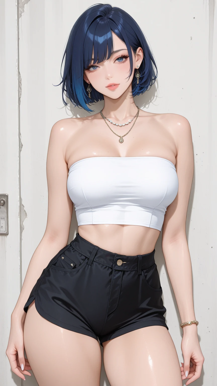 8K, Top Quality, Intricate Details, Ultra Detail, Ultra High Resolution, Masterpiece, close up shot, (full body: 1.1), Slender, Smile, (Makeup: 0.4), ,(( blue hair, bangs, short hair, blue eyes, long hair)), (Fluffy Eyes: 1.21), (()), 1girl, solo, 1 girl, (()), close up shot, , ((tall)), (((fit body))), (((slim face))), sharp face, (( mini pants, hot pants, short pants, mini shirt, micro shirt,, cleavege, crotch)) ,(detailed face), sharp face, small lips, , ,(( )) ,, ,
((,no bra, braless )), , (( )), detailed face, detailed breast, large breast ,huge breast, detail nipples ,, Narrow Waist, Skinny, tall , 190 cm tall, Muscular, Navel, Exposed Abdomen, Pointed Chest,, Beautiful girl with accentuated slender abs: 1.4, Six Pack Abs: 1.4, , Perfect Body, detail legs, (( dark background)), black background,