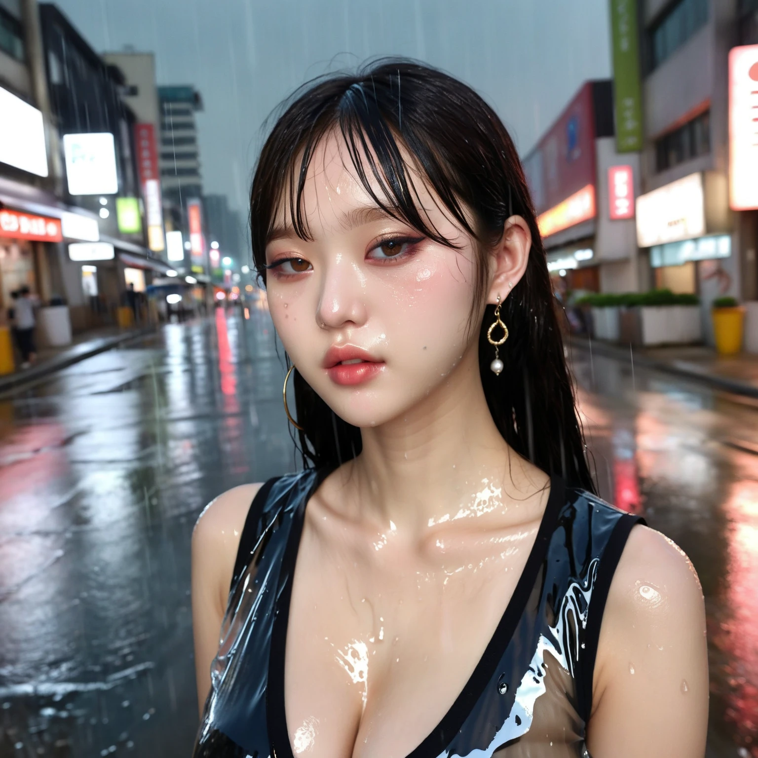 ((32K, top-quality:1.5, ​masterpiece, 超A high resolution, Photorealsitic)), low angles, 1girl in, 22year old, street corner, Summer evening, (((Typhoon torrential rain))), Highly detailed facial and skin texture:1.2, ((look up sky, Slender beauty getting wet in the rain:1.4)), (Rain drips all over the body:1.2, wetting hair, Wet clothes:1.1, water drop on the skin), ((Wet Office Lady Uniform:1.3, Button is not closed, no-bra)), ((Open valley, big breasts popping out)), (Dark look:1.2), Wet pantyhose:1.1, Wet pink panties, Silver necklace, blurry backround, ((Extremely beautiful face)), Upper body only, low angles