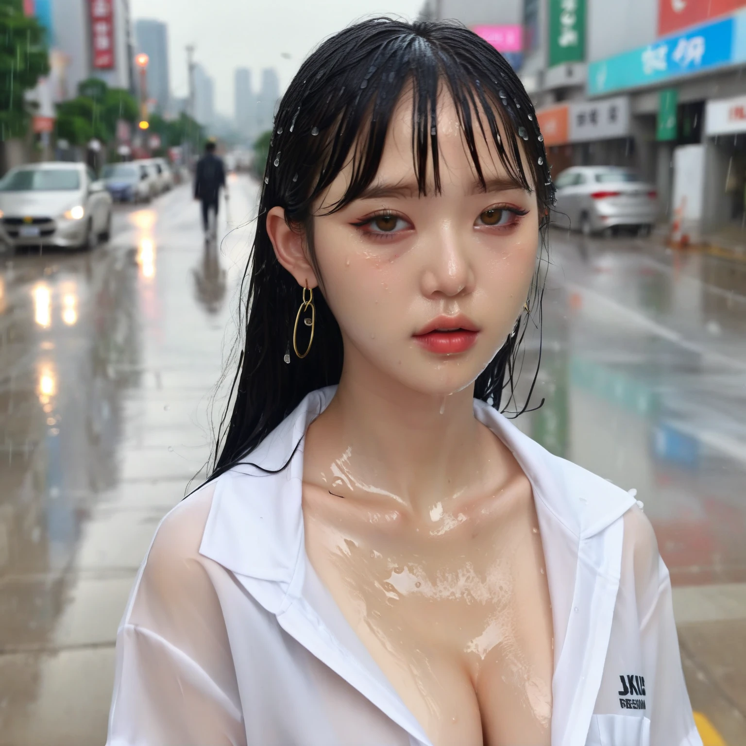 NSFW、最high quality、high quality、Best image quality、8K、最High resolution、High resolution、masterpiece、Detailed and realistic human body、Detailed and realistic skin、Realistic face in every detail、Realistic reproduction of every detail、Detailed and realistic lips、Detailed and realistic teeth、Detailed and realistic ears、Detailed and realistic hair、Detailed and realistic weapons、Realistic reproduction of every detail、Realistic fingers in every detail、(Beautiful Hands、thumb1reference4)、Realistic feet down to the last detail、Realistic breasts down to the last detail、Realistic areola down to the last detail、Realistic nipples down to the last detail、Realistic female genitalia down to the last detail、((Realistic pubic hair down to the last detail:1.3))、((Beautiful Japanese Girl))、(Japanese Model)、((Cute Japanese Girl))、((Beautiful 18 year old girl))、(Black Hair)、(Straight hair)、(Random Hairstyles)、((whole body))、((Beautiful upward-facing breasts))、(Slim and perfect figure)、(whole body光沢肌、Fair skin)、((Full nude、All nude appearance))、((暗い cold stormy weather))、((Pouring rain))、((In the Storm))、((School Playground))、((Pouring rainの中(A girl standing in the center of the schoolyard))、((Colorful transparent vinyl(Raincoat))、((裸の上からRaincoatを羽織る))、((Pouring rainを浴びて(Soaked skin from head to toe))、((Rain dripping from the skin))、((Raincoatを通して彼女の裸体姿がはっきりと見える))、((彼女の裸体にピッタリと張りつくRaincoat))、((Raincoatから滴る雨水))、((Crowd in the background、There is an audience(The crowd stares at her with disdain.))